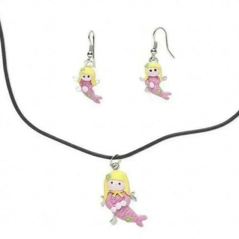 Pink Mermaid Hand Crafted Fimo Polymer Clay Necklace Earrings Jewelry Set